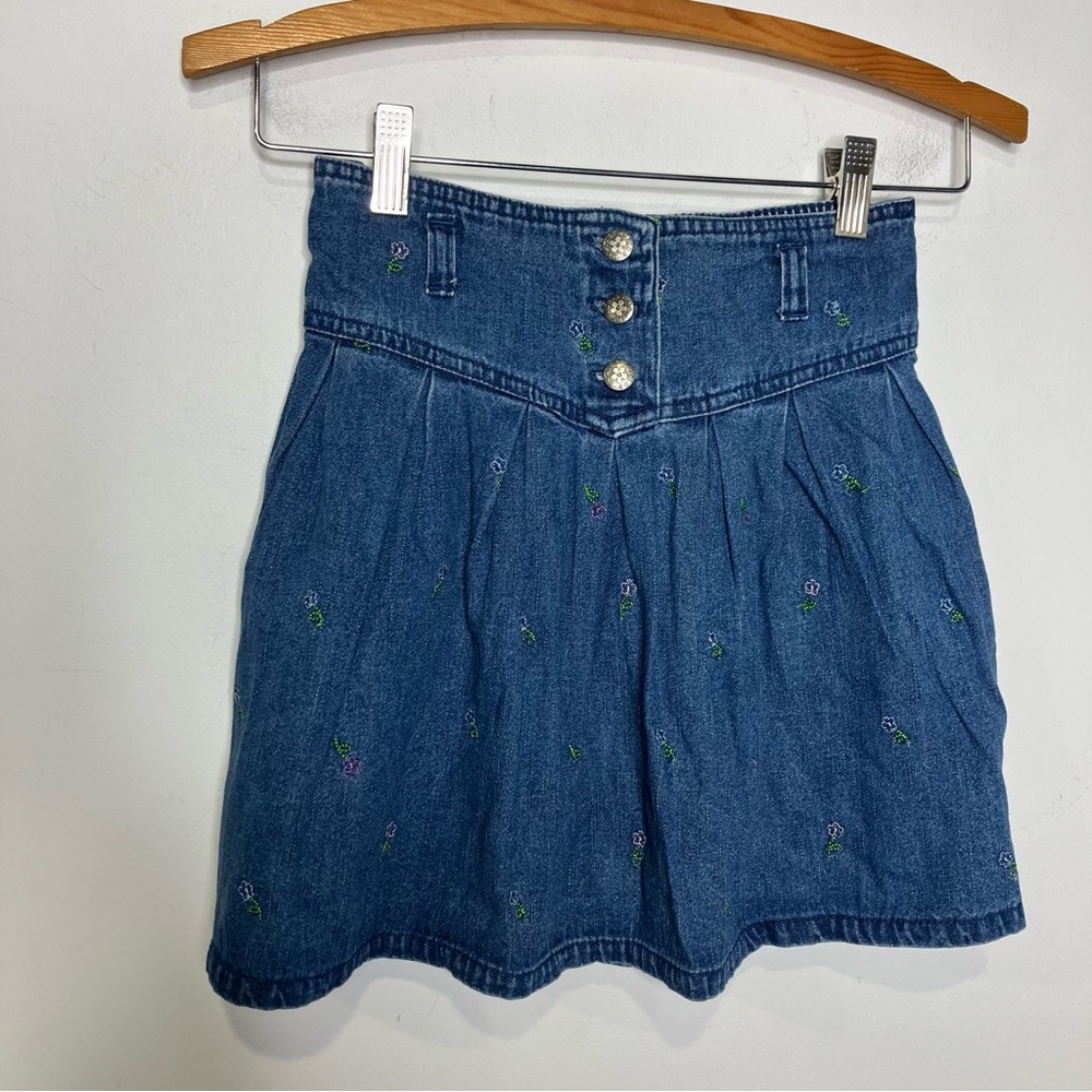 McKids vintage denim skirt‎ girls size 7 100% cotton floral embroidery retro 80s
